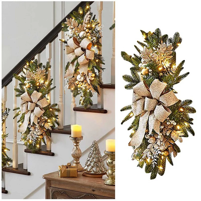 5X Christmas Swag, Stair Christmas Garland For Stairs, Door, Fireplace, Window, Outdoor Indoor Christmas Decor Gold