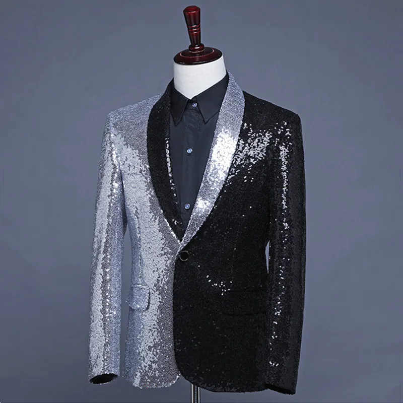 

Мужские блестящие пиджаки с блестками, свадебные пиджаки, серебристый, черный, тонкая шаль с лацканами, смокинг для певицы, вечера, вечеринки, сценического смокинга