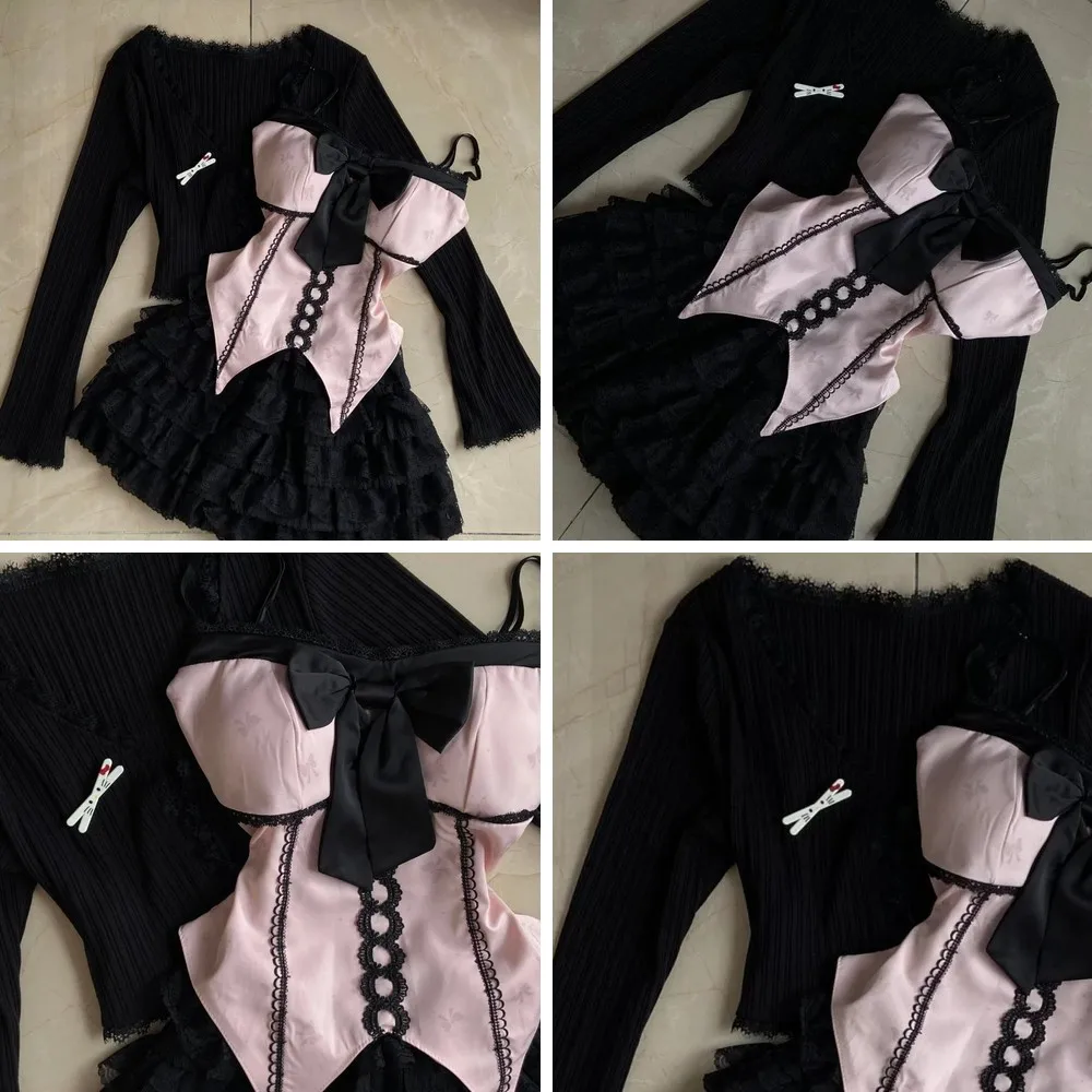 

Y2K Vintage 3-Piece Set: Knit Cropped Cardigan, Bow Vest & Fairy Grunge Skirt