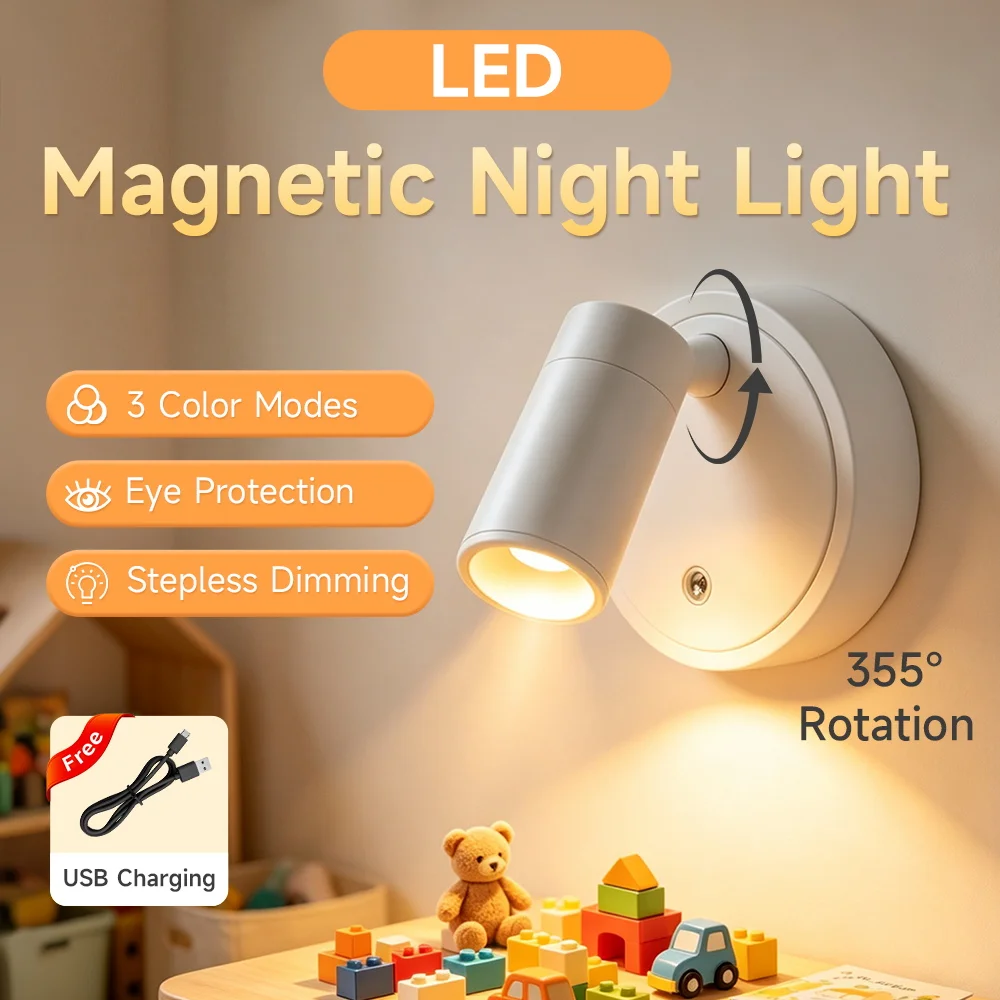 Led Lights Magnetic USB Rechargeable Wireless LED Wall Light Type-C Cordless Touch Dimmable Spotlight for Bedroom Reading