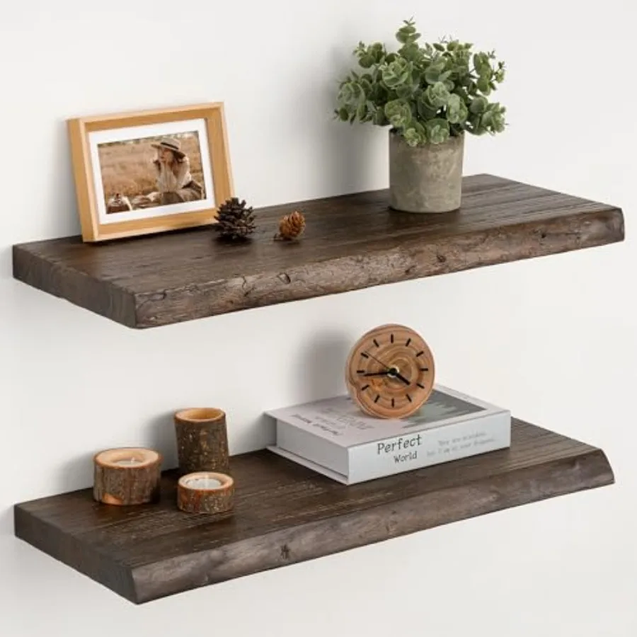

Set of 2 Floating Shelves Solid Elm Wood 24 Inch Invisible Bracket Mount for Living Room Bedroom Kitchen Bathroom Brown