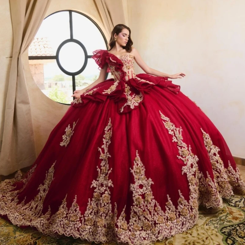 

Красное бальное платье Quinceanera, платья с открытыми плечами, аппликация, цветок, бисер, тюль, вечерние, день рождения, милое платье 16, Vestidos 15 De