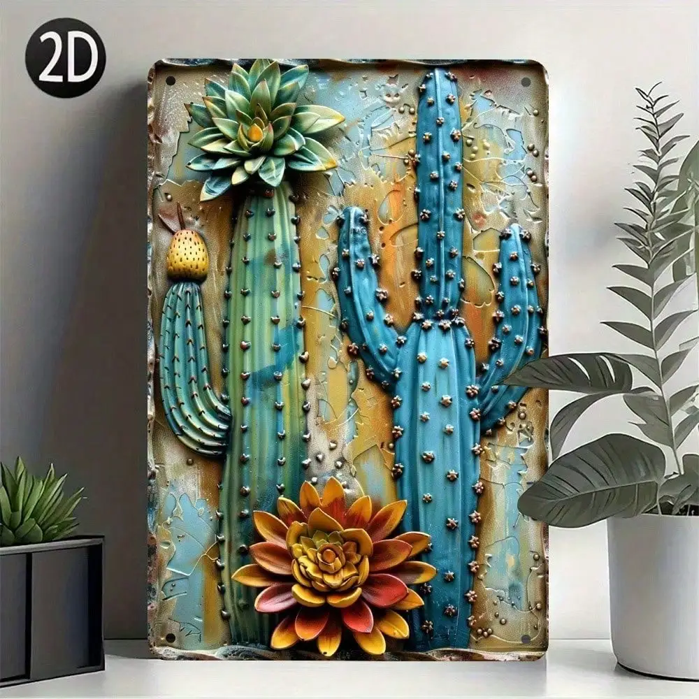 فن جداري معدني عصاري على شكل صبار عتيق - تصميم لافتة ساحة حديدية، متعدد الأغراض لديكور المنزل/المطبخ/الفناء #1