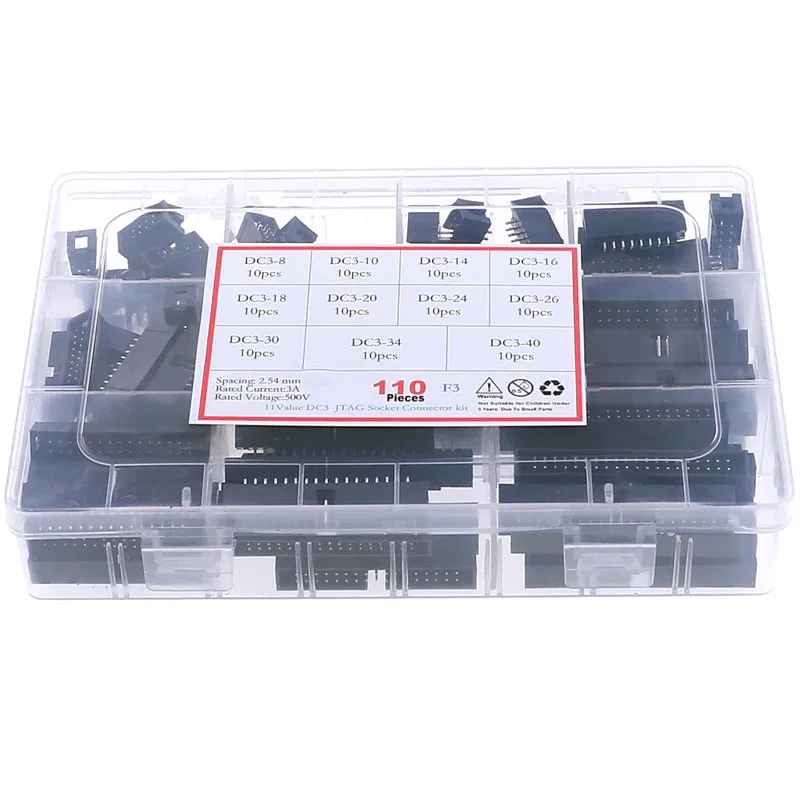 110pcs 11Value DC3 8P~40P IDC 2.54mm Pitch Socket Pin Header Connector Straight Pin Double-Spaced Header Connectors Assorted kit