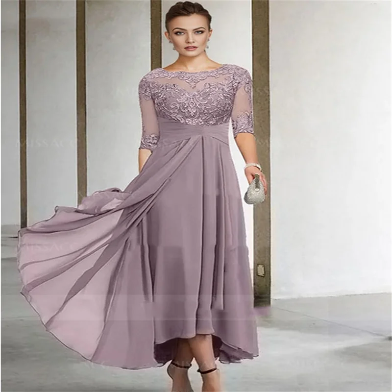 O Neck  Evening Gown Women Dresses Chiffon  Elegant Customized  A Line Evening Dress Half Sleeves  Floor Length Prom Mom 's Dres