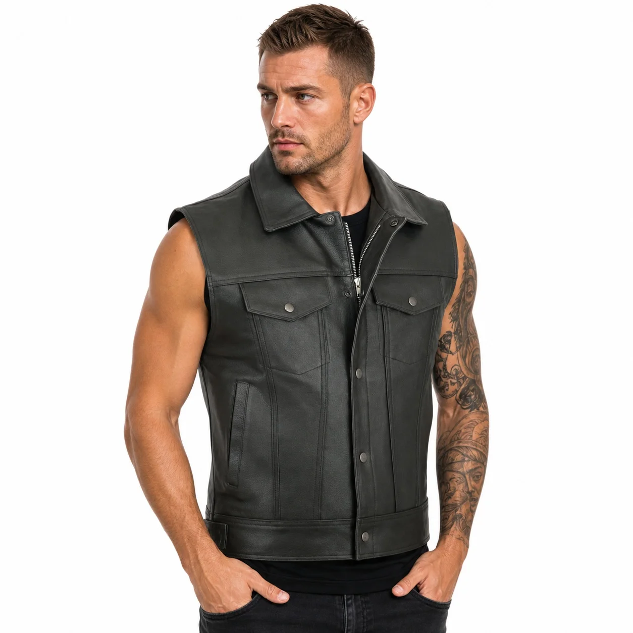 Women's PU Patchwork Punk Style Vest with Notched Collar Zipper Closure Loose Fit Open Front Solid Color Regular Fit with Flap