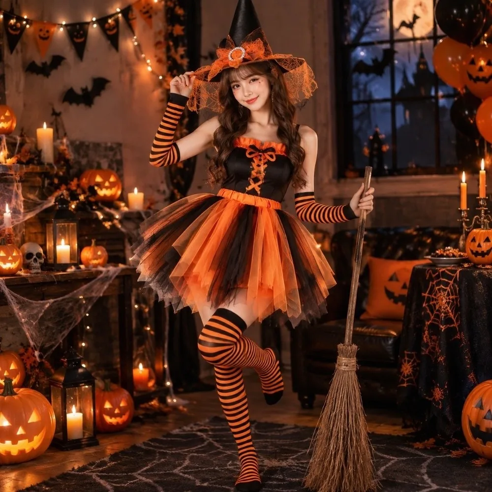 Show Outfit Striped Socks Witch Tutu Skirt Set Fancy Dress Party Halloween Witch Costume Outfit Wizard Cosplay Set Cosplay