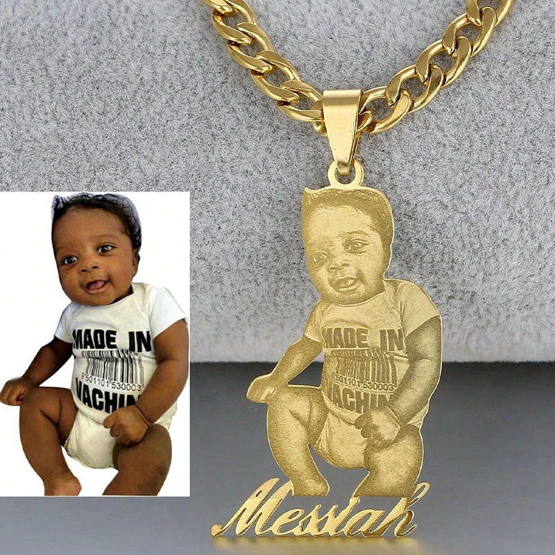 Customized Engraved Photo Necklace Stainless Steel Gold Adjustable Cuban Chain Personalized Pendant With Text Customize Gift