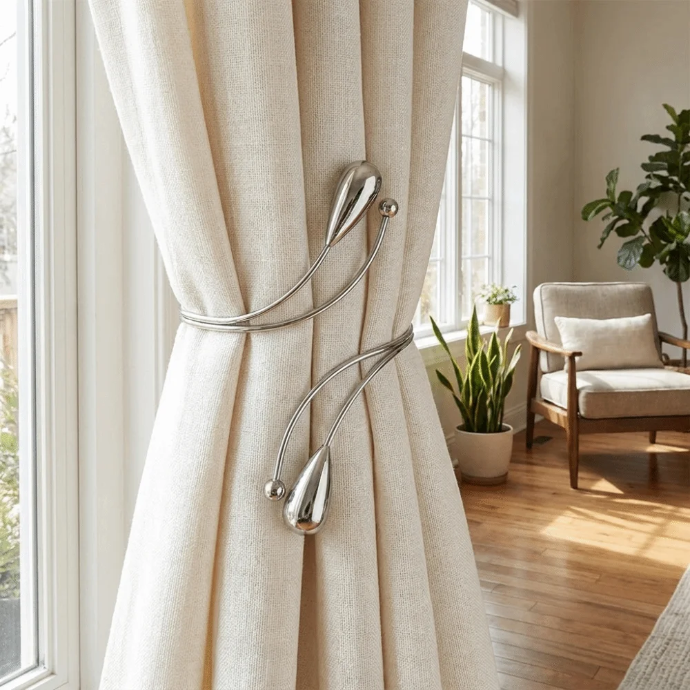 2PCS Adjustable Teardrop Shape Curtain Buckle Belt Burlap Flower Arm Ring Curtain Holders Metal Curtain Holdbacks Office Decor