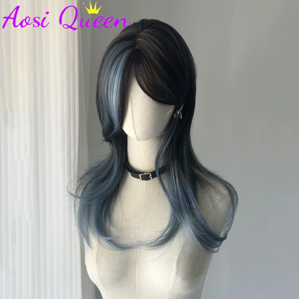 Black Blue Highlighted Long Straight Synthetic Wigs For Women Middle-parted Wolf Tail Layered Wig Suitable For Daily Role Playin