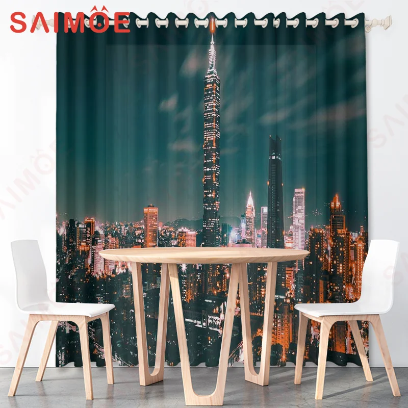 Modern Night View Sunset City Light Curtains Building River Custom Thin Polyester Fabric Office Background Decoration with Hooks