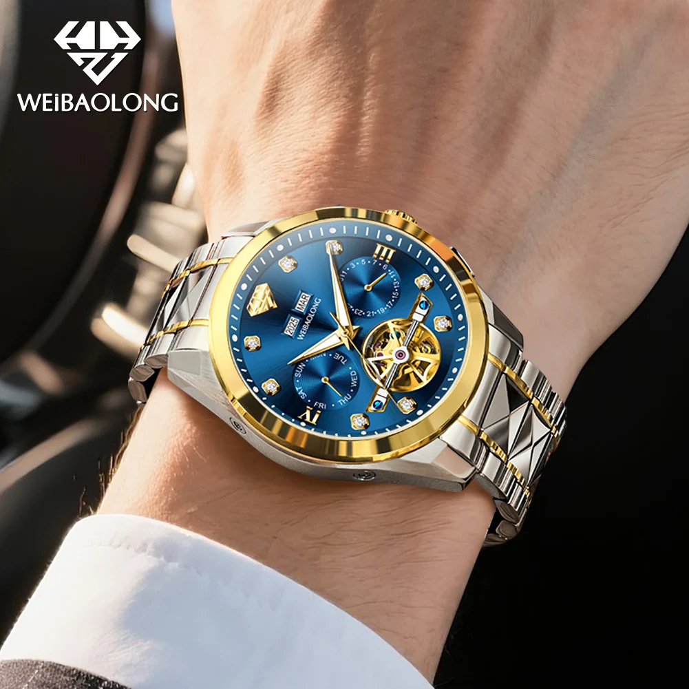 WEIBAOLONG 3801 ساعة رجالية الراقية ساعات الماس الحقيقي متعددة الوظائف كرونوغرافيا ساعة ميكانيكية أوتوماتيكية #4
