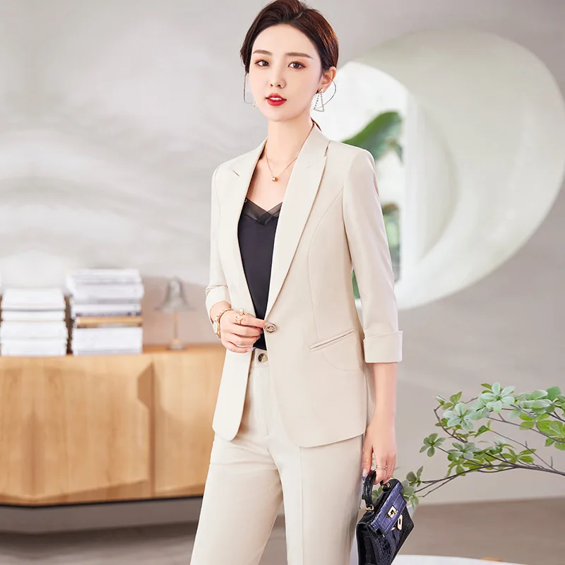 

Apricot Suit Jacket Women's Spring and Summer Thin Small Three-Quarter Sleeve Fashionable Elegant High-Grade Business Wear Suit