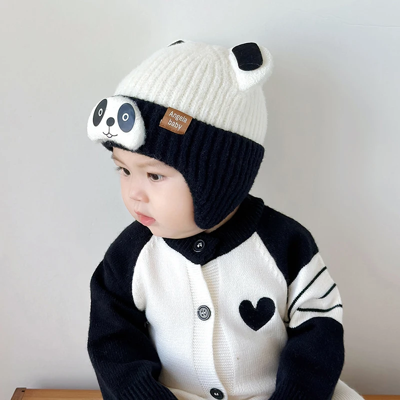 Cute Panda Baby Knitted Hat Winter Warm Woolen Toddler Ear Protection Cap Cartoon Ears Kids Boy Girl Earmuff Hats