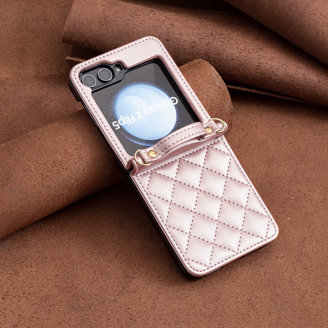 Luxury Crossbody Diamond Leather Case For Samsung Galaxy Z Flip 7 FE 6 5 4 3 5G Flip6 Shoulder Strap Slim Plain Folding Cover