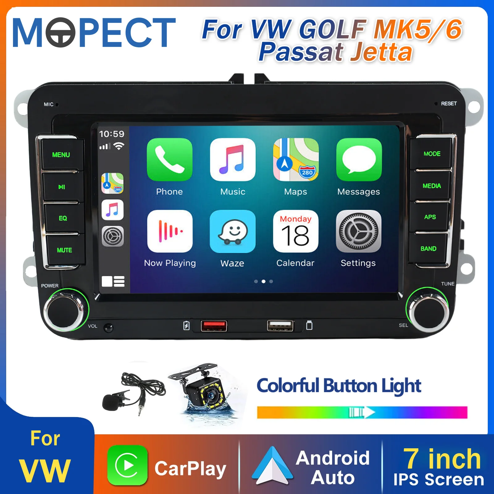 MOPECT 7-Zoll CarPlay Android Autoradio für Volkswagen VW Golf Passat JETTA Skoda SEAT, intelligentes Wince-System, 2Din Autoradio + AHD-Kamera / Mikrofon (optional)