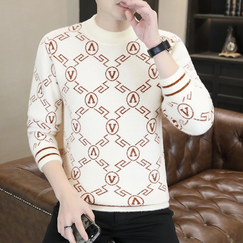 Brand Winter Men's Letter Jacquard Knitted Sweater Retro Casual Round Neck Knitted Pullover Social Knitwear Tops Men Clothing