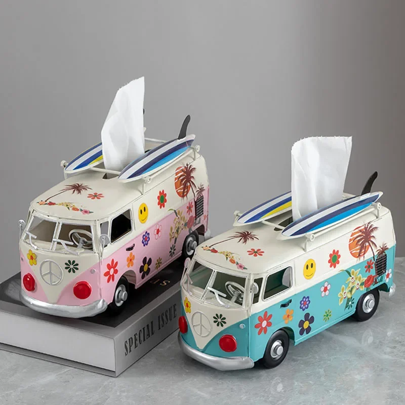Multifunction Car Paper Holder Nostalgic Retro Metal Bus Tissue Boxes Ornament Miniature Model Home Decoration Handicrafts