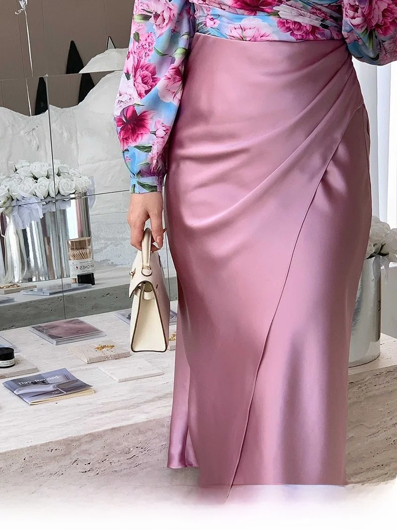 

Юбка миди Ml Jasmine больших размеров с разрезом, глянцевыми складками, универсальная, летняя новинка, юбка А-силуэта для женщин больших размеров