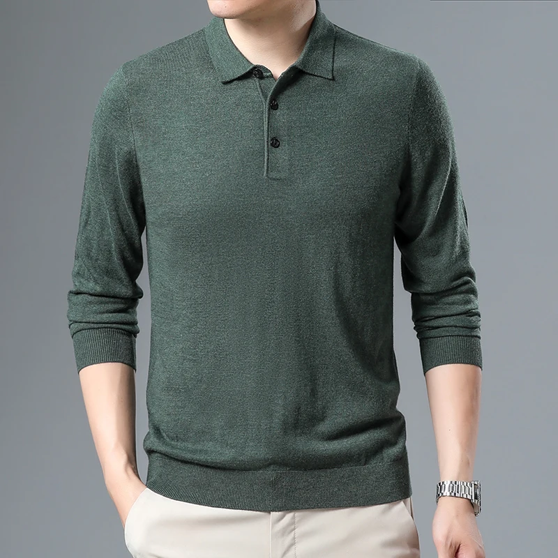 

Mens Sheep Wool Knit Polo Clothing Spring Casual Turn-Down Collar Sweater Shirts Male Long Sleeve Wool Kniwear Tee Tops