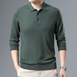 Mens Sheep Wool Knit Polo Clothing Spring Casual Turn-Down Collar Sweater Shirts Male Long Sleeve Wool Kniwear Tee Tops