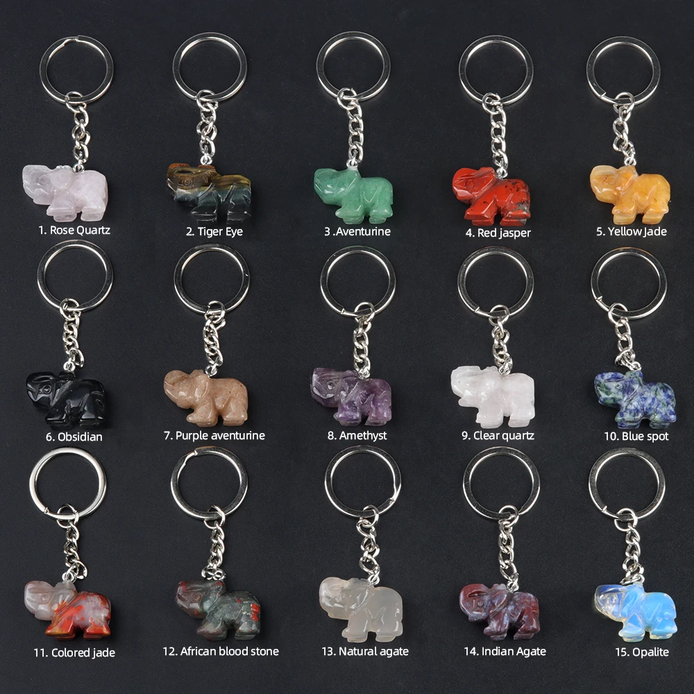 1 قطعة الحجر الطبيعي روز كوارتز جمشت سبج الفيل شكل قلادة سلاسل المفاتيح الفولاذ المقاوم للصدأ ملحقات السلسلة
