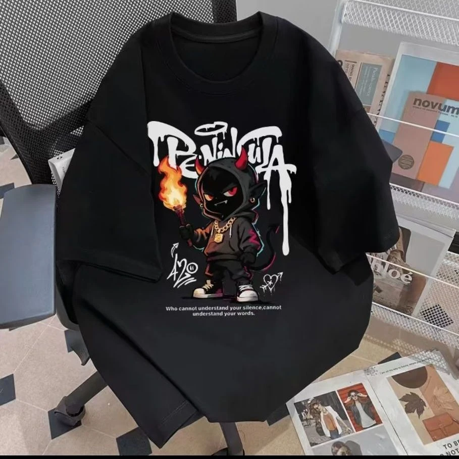 

New Fashion Classic Little Devil High Quality Cotton Summer New Unisex Fashion Loose Breathable Crew Neck Short Sleeve Top