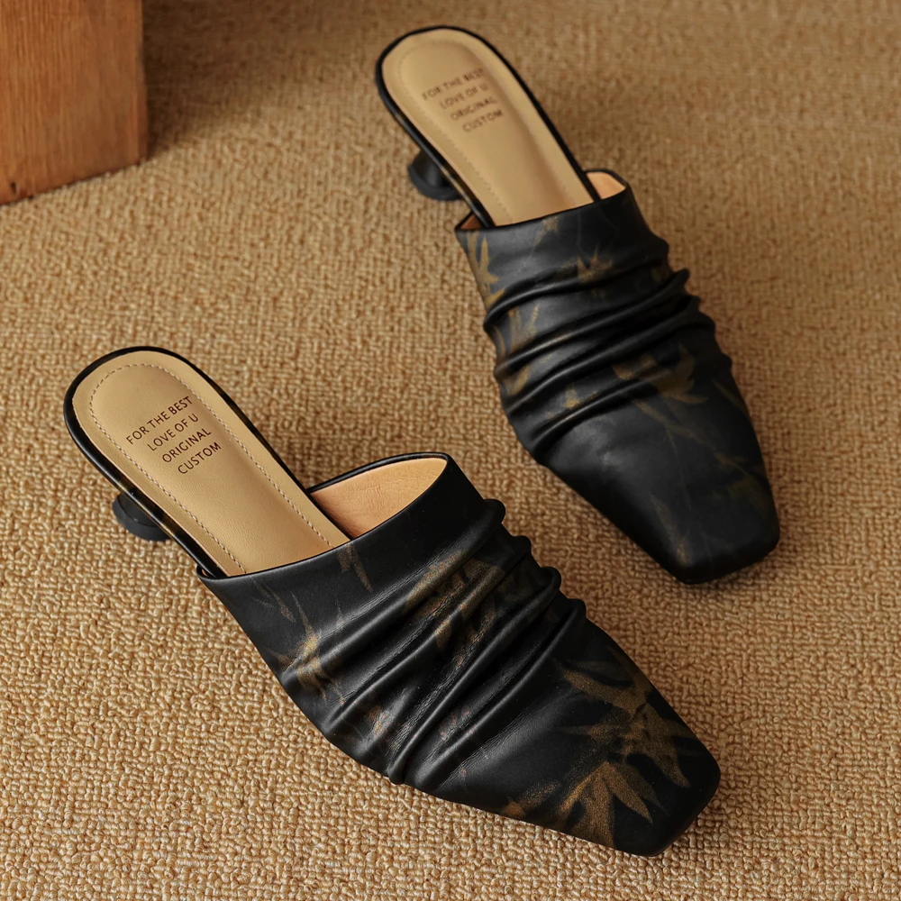 New Fashion Leather Summer Shoes Low Heels Women Mules Luxury Sandals Square Toes Slipper Thin Heel Ladies Designer Brwon Black