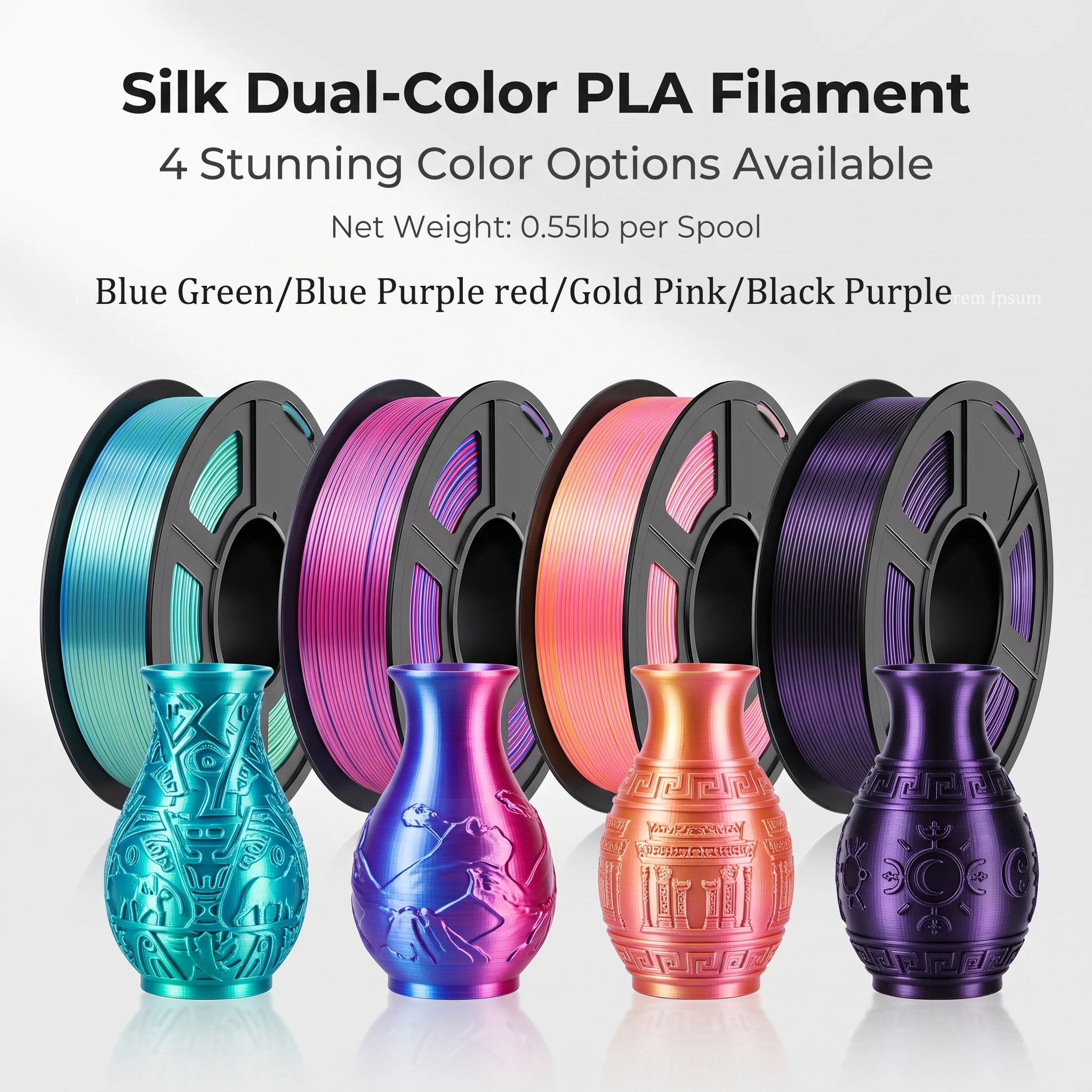 4 Pack Silk Dual Color PLA Filament 1.75mm 0.55lb Per Roll Metallic High Gloss Two Color 3D Printing Filament