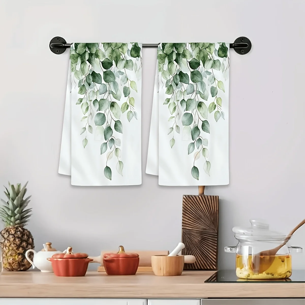 2-piece set of fresh watercolor eucalyptus leaf printed kitchen towels, fresh green plant weeping branch printed hand towels