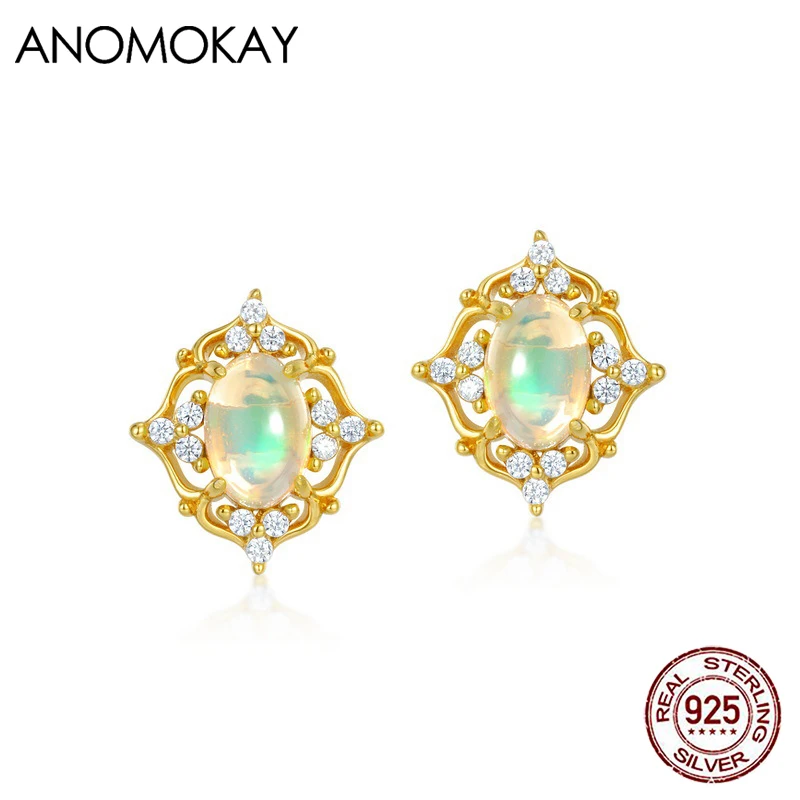 

Anomokay Vintage Palace Flower Gold Color Stud Earrings Sparkling Opal Silver Earrings Jewelry for Women