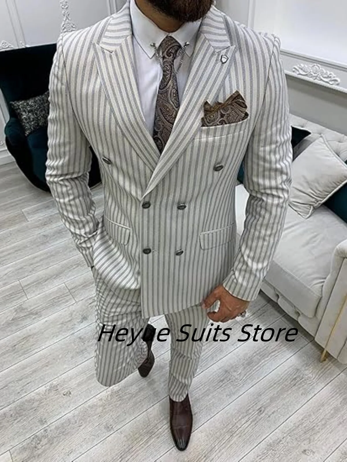 

Business Stripe Formal Suits For Men Slim Fit Peak Lapel Groom Party Tuxedos 2 Pieces Sets Male Double Blazers Prom Ropa Hombre