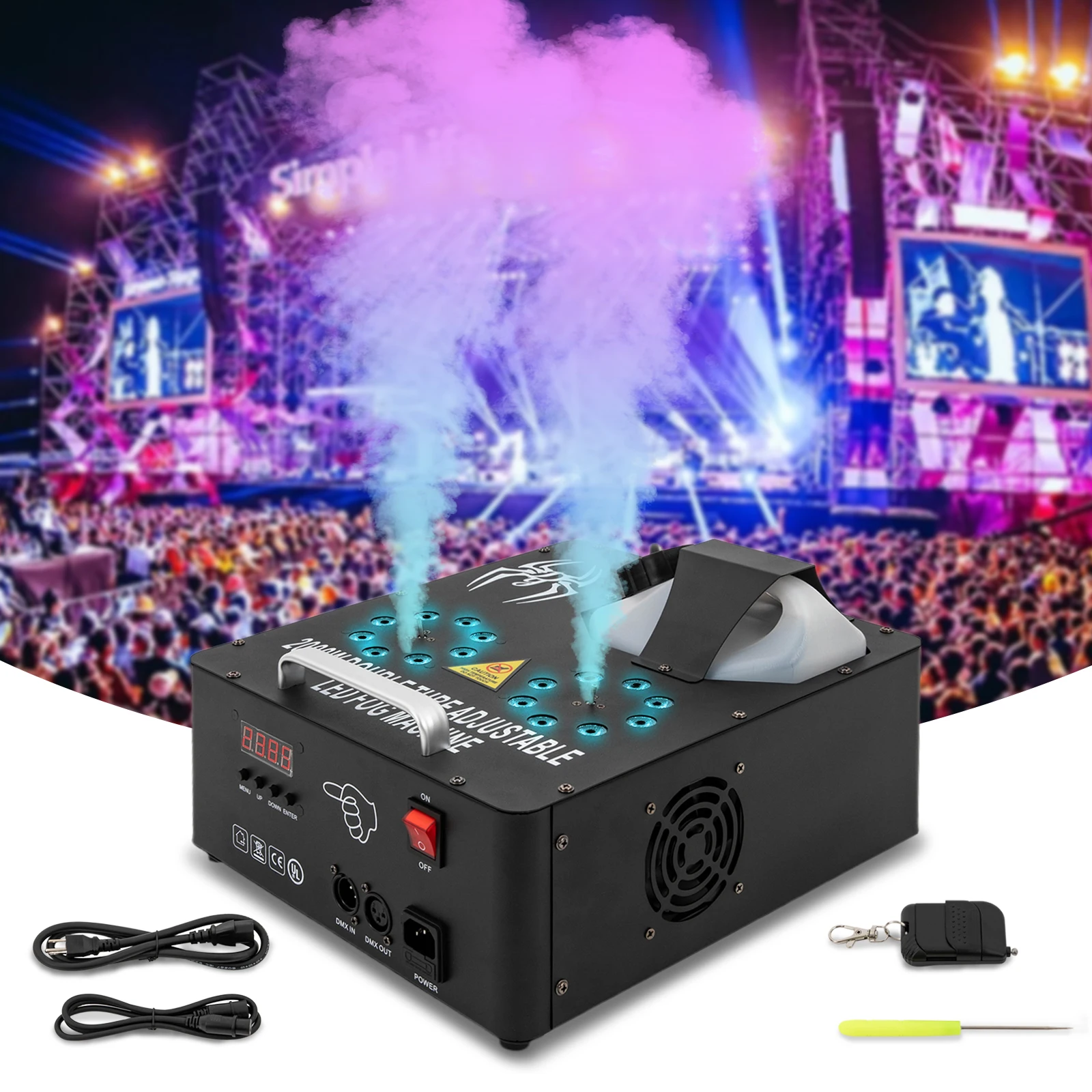 2000W DMX RGB 3 in1 16 LED Smoke Machine Stage Lighting Vertical Spray W/Remote Fog Machine for Halloween Christmas Party