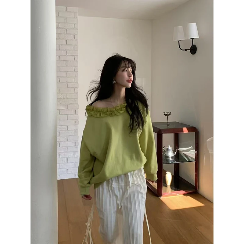 

Streetwear Grey Sweatshirts Women Fashion Sexy Skew Collar Pullovers Autumn Korean Ruffles Patchwork Long Sleeve Casual Clothes