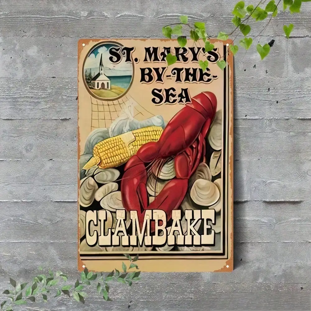St. Mary's Clam Bake Retro Lobster Corn Metal Wall Sign 2D Flat Vintage Iron Decor Kitchen Bathroom Home Nautical
