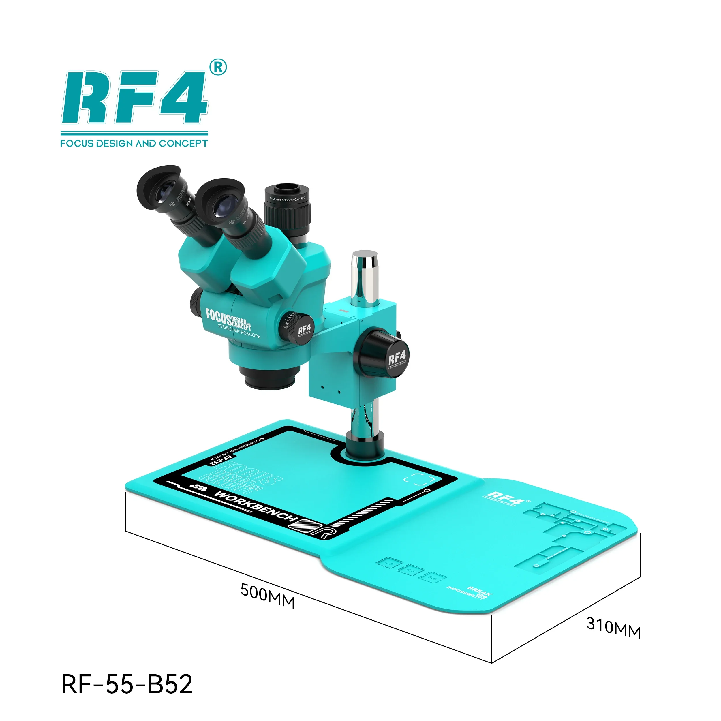 RF4-55-B52 Trinocular Stereo Microscope With Large Multifunctional Silicone Pad Workbench for Phone IC Chip Soldering Repair