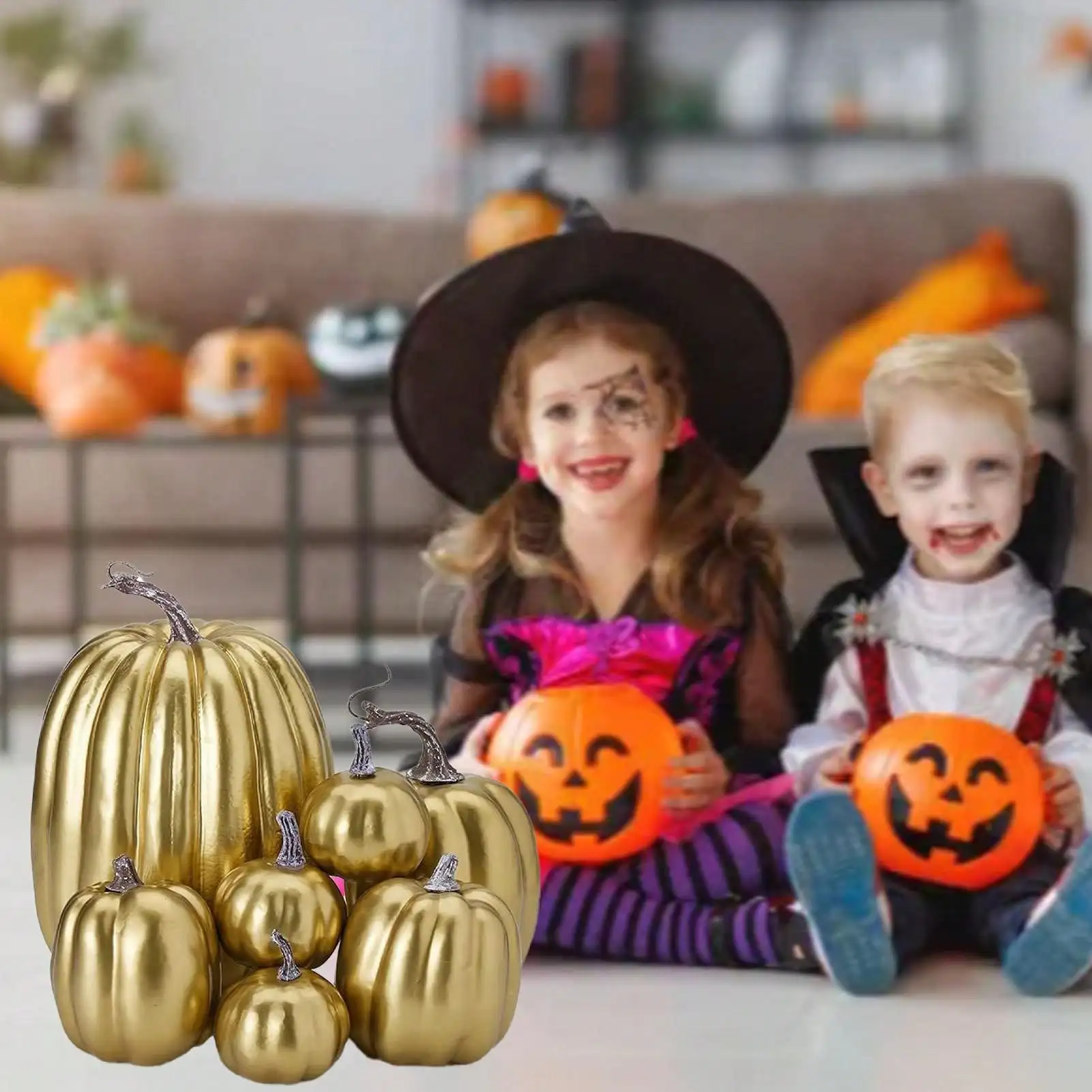 

7 шт., глянцевая краска с имитацией тыквы, легкая креативная многоразовая пенопластовая тыква для украшения, реквизит, золото