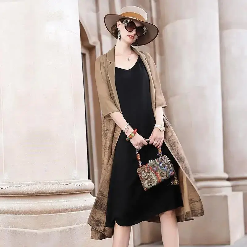 

2022 Spring Autumn Trench Coat Women New Fashion Outerwear Three-Quarter Sleeve Chic Windbreaker Loose Mid-Length Coat Female