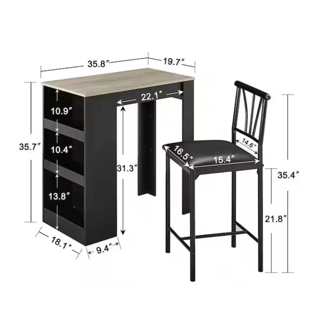 Meja dan Kursi Bar Kecil, Set Makan untuk 2, Rak Penyimpanan, Hemat Ruang, Set Makan Retro, Abu-abu