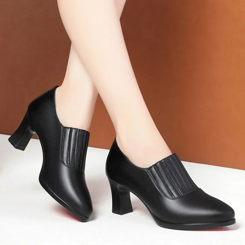 Autumn Women\'s High Heels Fashion 6.5cm Block Heel Leather Ankle Boots Stretch Slip-on Pumps Antiskid Rubber Sole Modern Boots