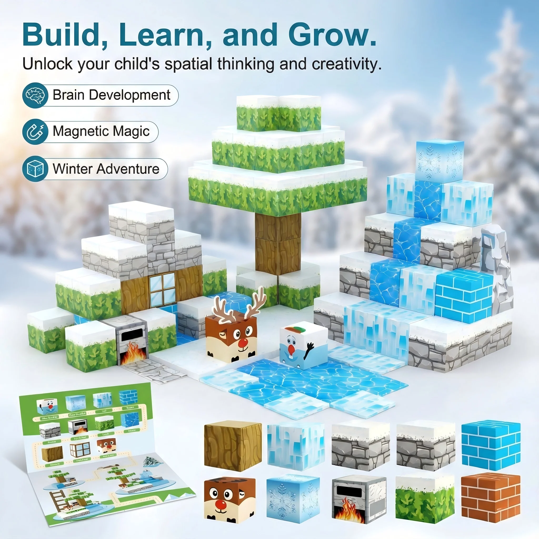 مجموعة مكعبات البناء المغناطيسية لعبة بناء مكعبات شتوية ثلاثية الأبعاد يمكنك صنعها بنفسك قلعة عالم الثلج الجليدي الجذعية هدية عيد الميلاد التعليمية للأطفال #4
