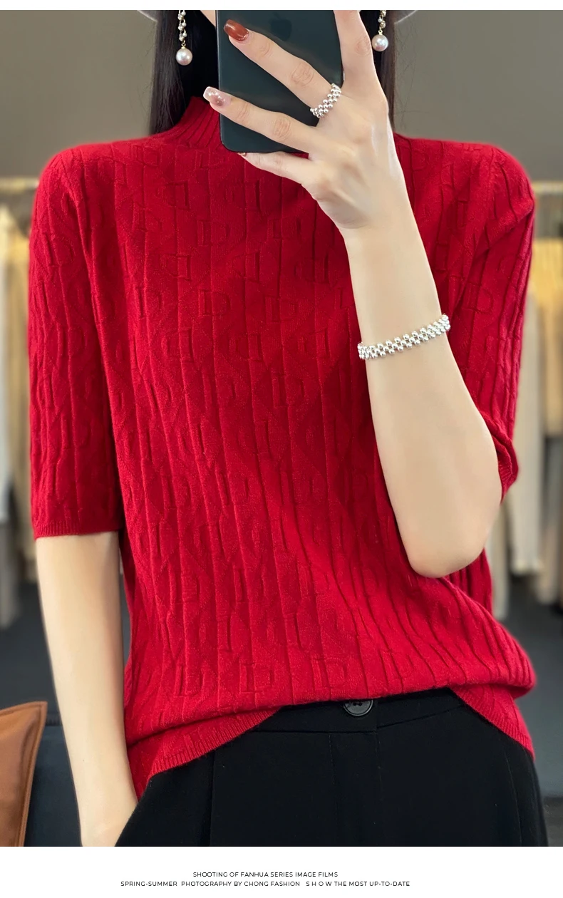 Women New Soft Diamond Letter Design Sweater Half-high Collar Three Quarter Sleeve Pullover Spring Summer Casual Knit Slim Top