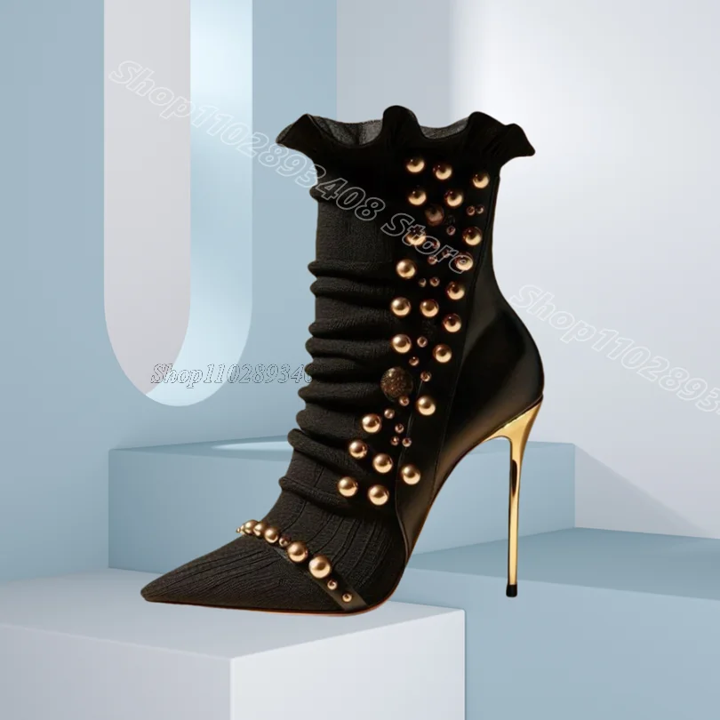 

Black Patchwork Design Rivet Boots Pointed Toe Stiletto Heels Fashion Party Casual Women Short Boots 2025 Zapatos Para Mujere