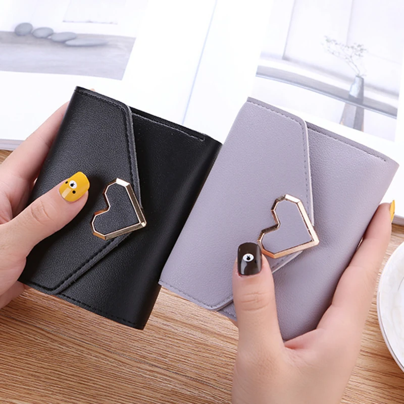 New Small Wallet Love Heart Buckle Pu Leather Short Folding Female Student Suit Cute Mini Fashion Coin Purse