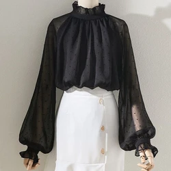 Blusa de gasa con lunares para mujer, camisa de cuello con volantes, manga farol, transparente, elegante, color negro, para otoño, 2024