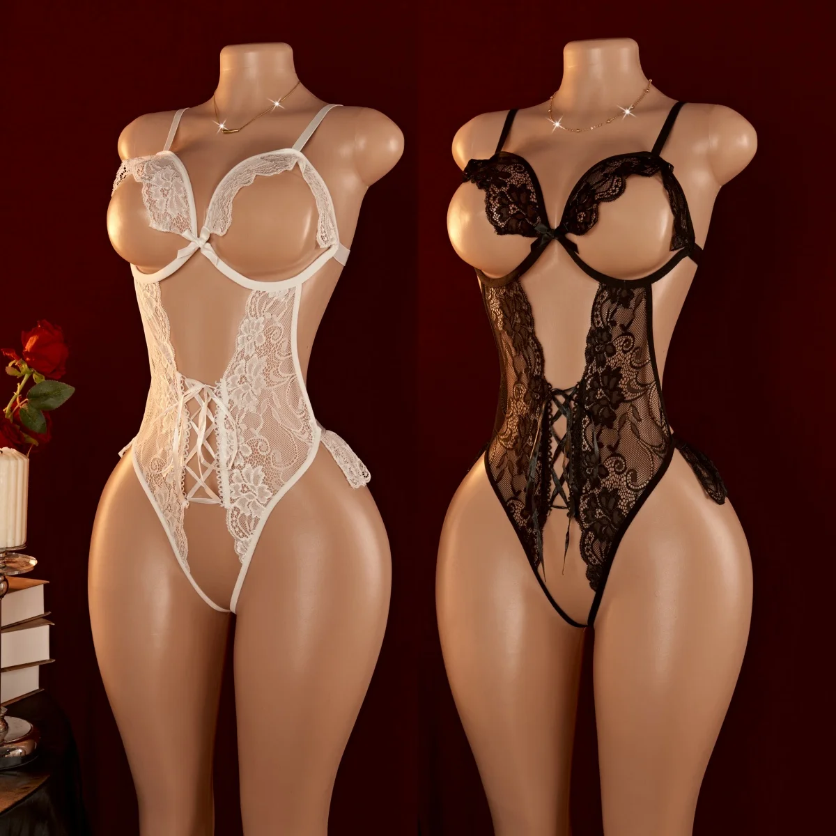 Erotic Sexy Lace Nightgown Crotchless Deep V Neck Open Bra Teddy Babydoll Sheer Sleepwear Elegant & Seductive Lingerie For Women