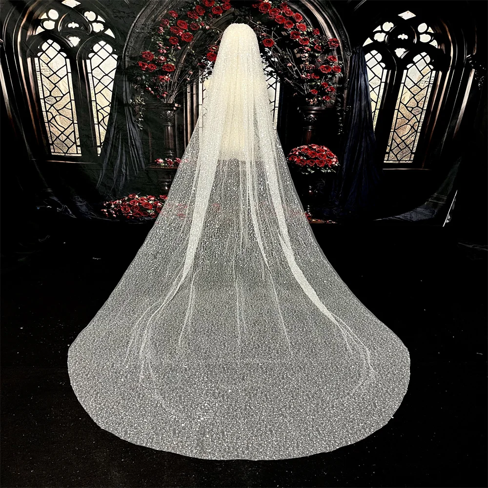 Luxury Wedding Veil Heavy Glitter Beaded Ivory Single Tier 3M Bridal Veil with Sequins Pearls Comb Included image 3