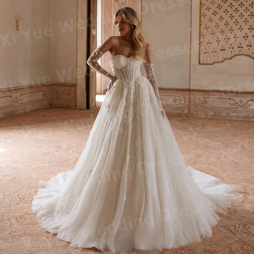 Gracioso uma linha vestidos de casamento feminino apliques rendas vestidos de noiva querida personalizado sem costas sem mangas vestidos de novia