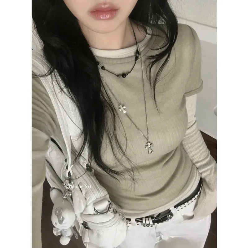 2026 Summer New Streetwear Solid Color All-match Long-sleeved T-shirt Women + O-neck Slim Tops Two-piece Suit