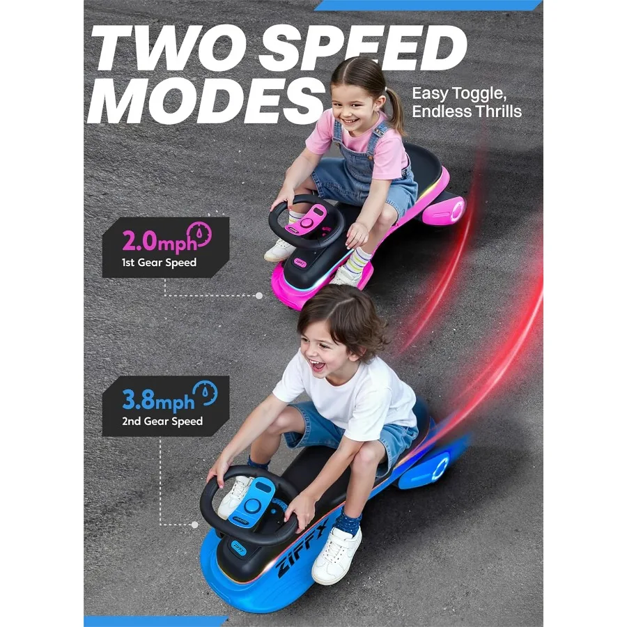 45W 5,5A oplichtende elektrische wiebelwagen met pedaal, oplaadbare batterij, 2-in-1 schommelauto, 2-speed ritsspeelgoed, anti-rollover, Fl